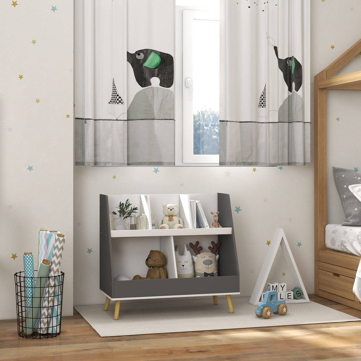 2 Tier Kids Toy Storage Organizer with 5 Compartments, Anti-tip Device, for Nursery, Playroom, Grey