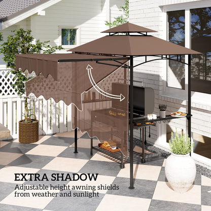 8' x 7.6' Grill Gazebo, Double Tiered Barbecue Grill Gazebo Shelter w/ Side Awning, 2 Side Shelves, 6 Hooks, Beige