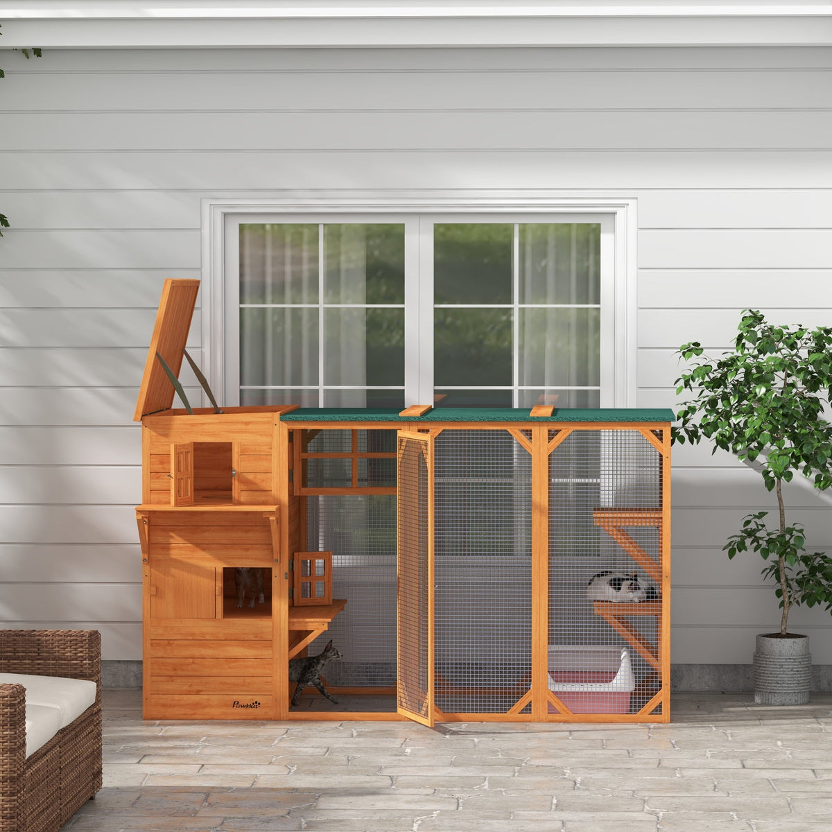 Wooden Cat Catio, 76"L Walk in Outdoor Cat House with Asphalt Roof, Platforms, Lockable Doors, 3-tier Resting Condo, Observation Window, for 2-3 Cats, Light Grey
