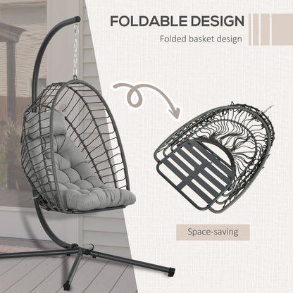 Hanging Egg Chair with Stand, Foldable Wicker Rattan Swing Chair with Thick Cushion, Light Grey