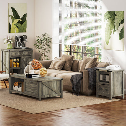 Side Table with Storage, Farmhouse End Table with Drawer, Open Shelf and Barn-style Panel, Nightstand for Living Room, Bedroom, Oak