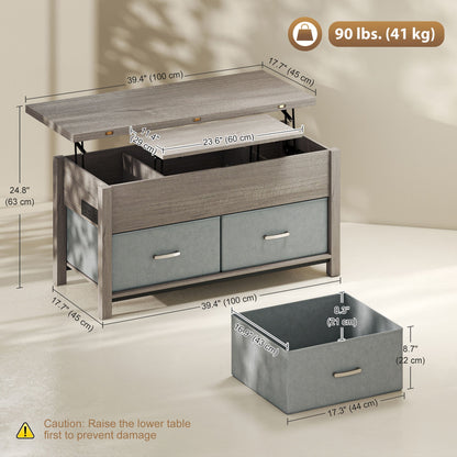 Lift Top Coffee Table, Center Table with 3 Hidden Compartments, 2 Fabric Drawers, Expandable Top and Charging Station