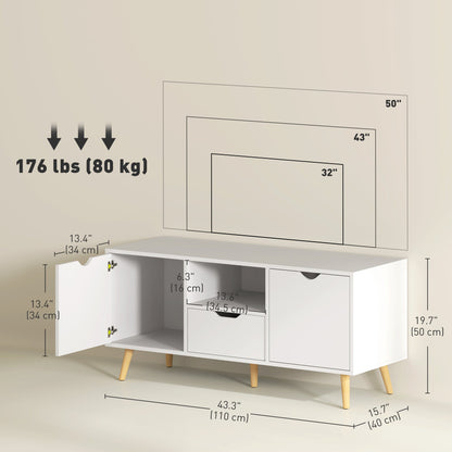 TV Stand with Storage for up to 50" TV, Modern TV Table with Open Shelf, Drawer and 2 Cabinets, White