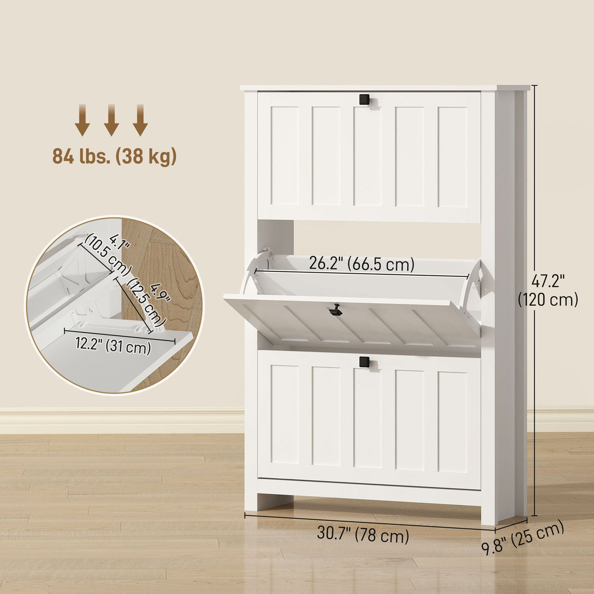 Slim Shoe Cabinet with 3 Flip Drawers, Shoe Storage Cabinet with Adjustable Shelves for Entryway, Holds 12 Pairs, White