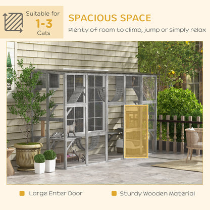Large Outdoor Catio with Condos, Platforms, Doors, Ladders, Weather-Resistant Roof, Grey