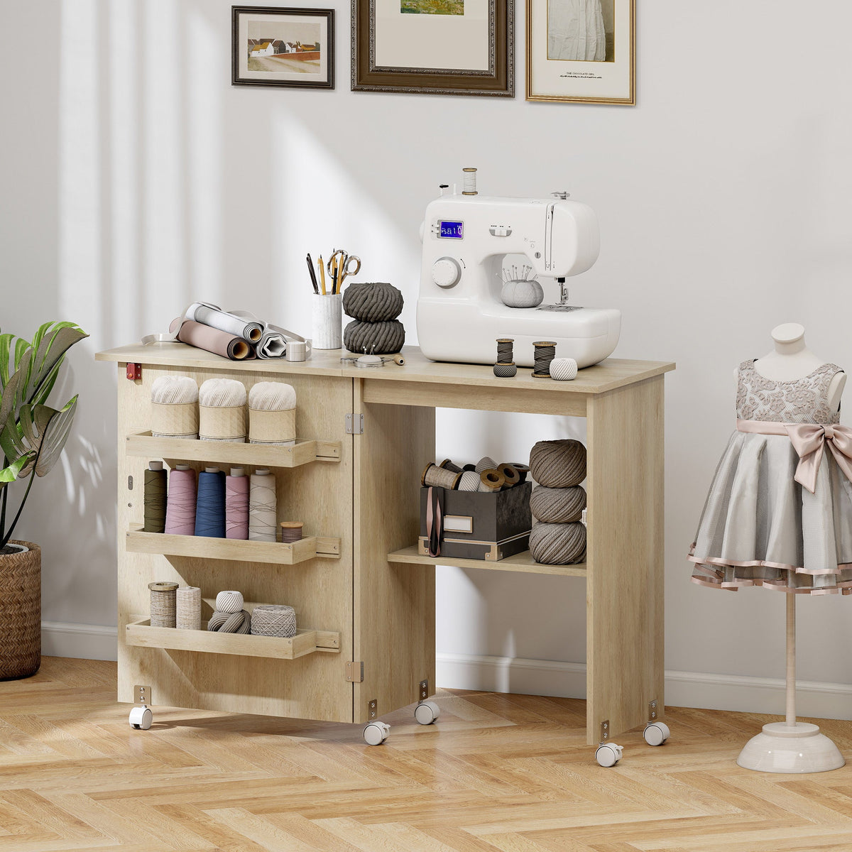 Sewing Machine Cabinet, Folding Sewing Table with Storage Shelf, Bins and Lockable Wheels for Small Space, Brown