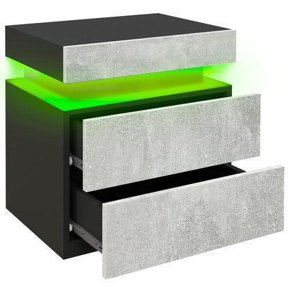 Nightstand, Bedside Table with LED Lights and 2 Drawers for Bedroom, Living Room, Cement Grey