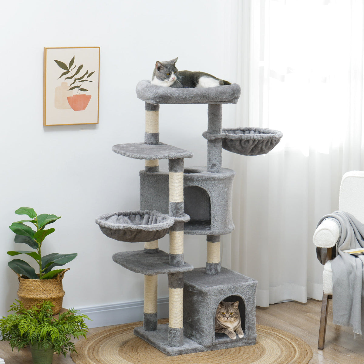 52.5" Cat Tree Tower with Scratching Posts, Cat Condos, Bed, Platforms, Hammocks, for Indoor Cats, Dark Grey
