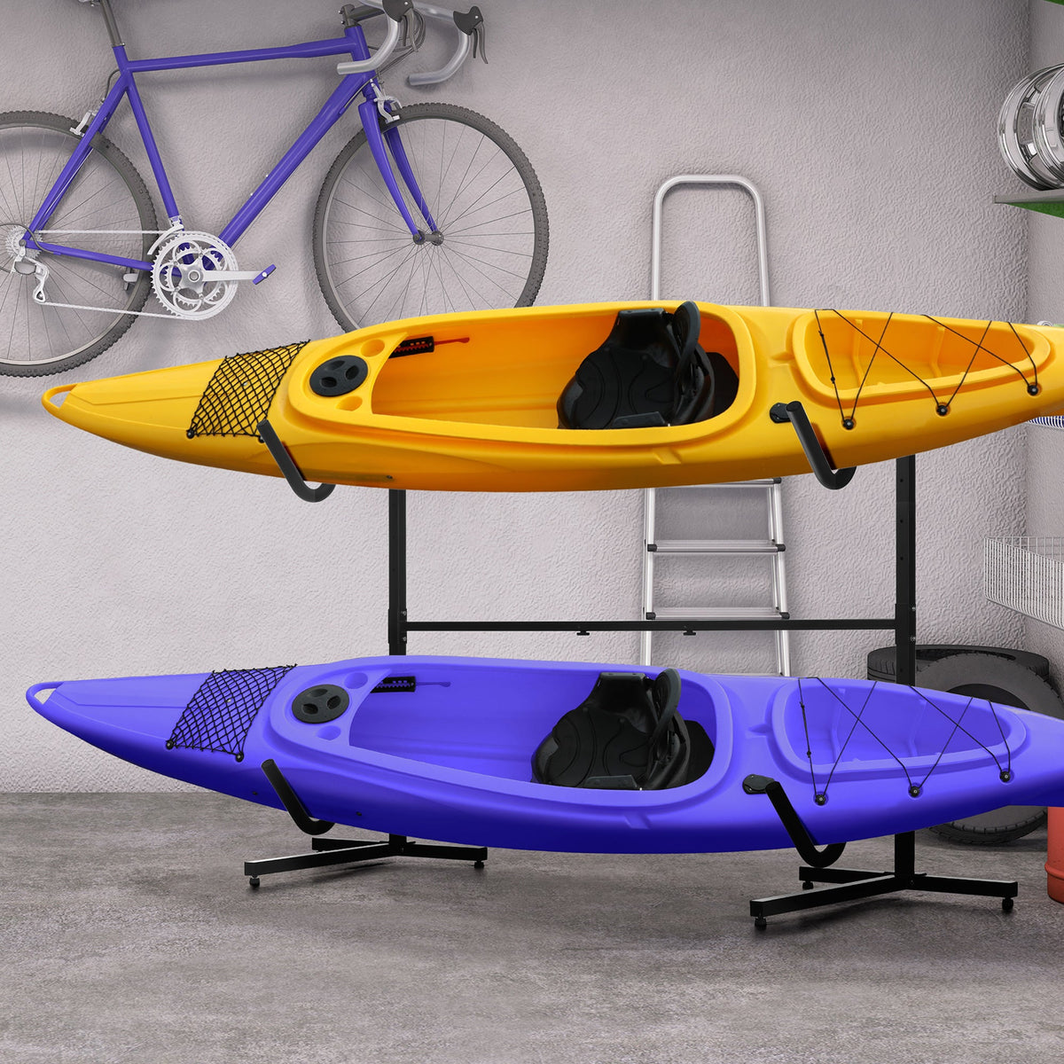 Freestanding Kayak Storage Rack with Adjustable Length, Heavy Duty Dual Kayak, SUP, Canoe, Paddleboard Rack for Indoor, Outdoor, Garage, Dock