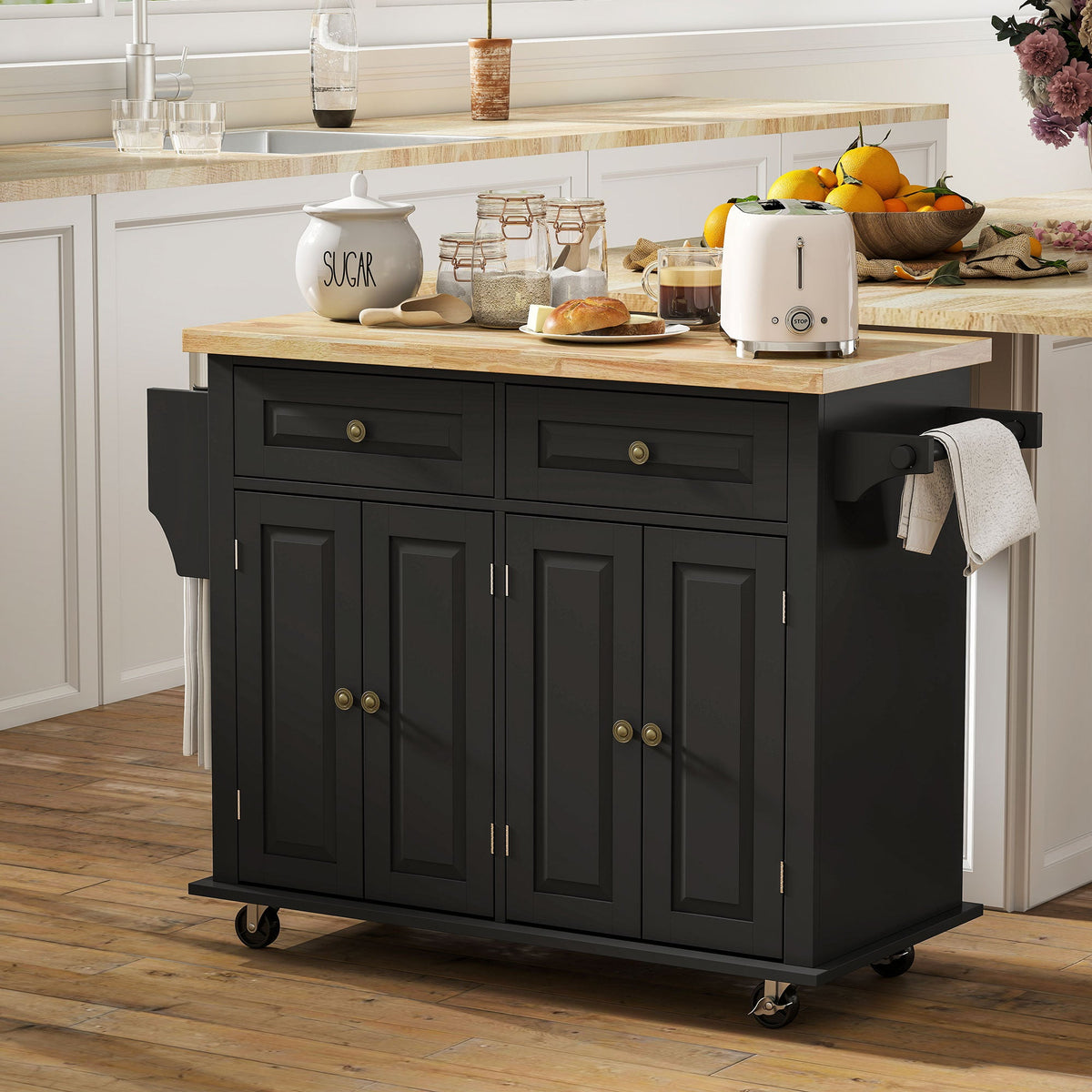 Kitchen Island with Storage, Rolling Trolley Cart with Rubber Wood Top, Spice Rack, Towel Rack, Brown Oak