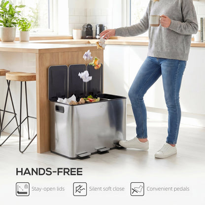 Garbage Bin, Soft-Close Trash Can with Foot Pedal, 3x5 Gallon (3x20 L) Garbage Can with Removable Inner Buckets, Black
