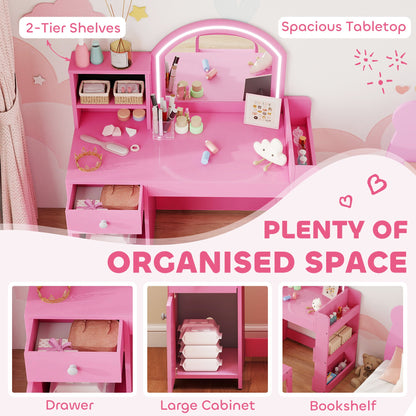 Kids Vanity Set, Toddler Dressing Table and Chair Set with Lighted Mirror, Cabinet, Drawer and Shelves, Pink