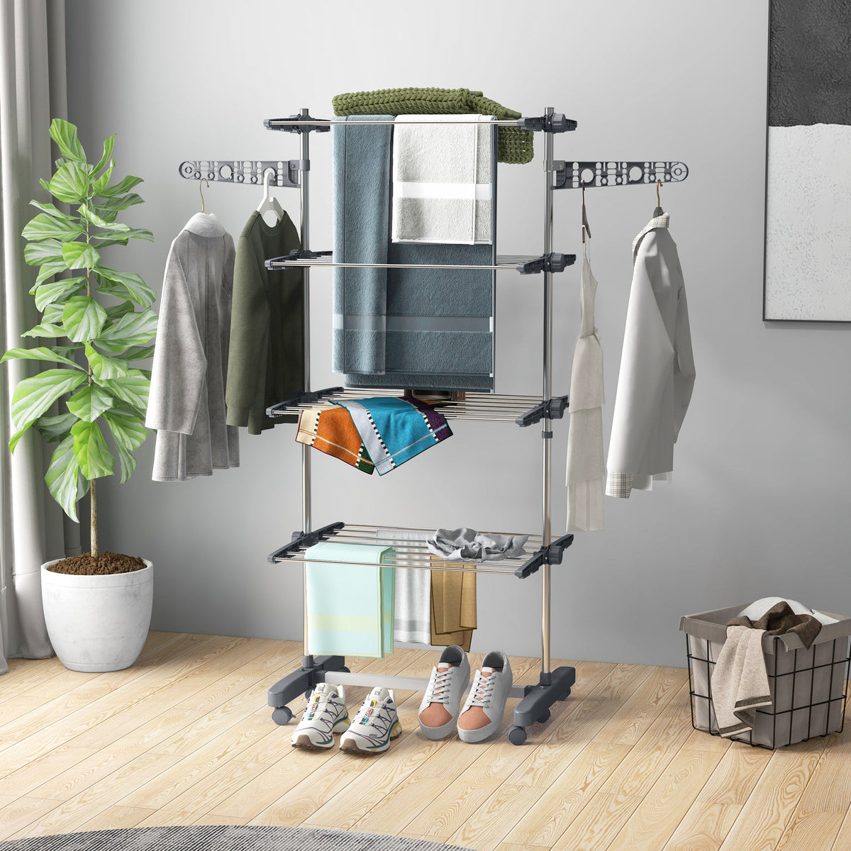 Garment Drying Rack Stainless Steel Folding Clothes Hanging Rack with Side Wings Castors for Indoor Outdoor Black