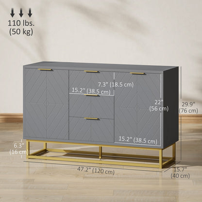 47" Storage Cabinet with Doors, Adjustable Shelves, 3 Drawers, Metal Legs for Kitchen Storage, Home Use, White