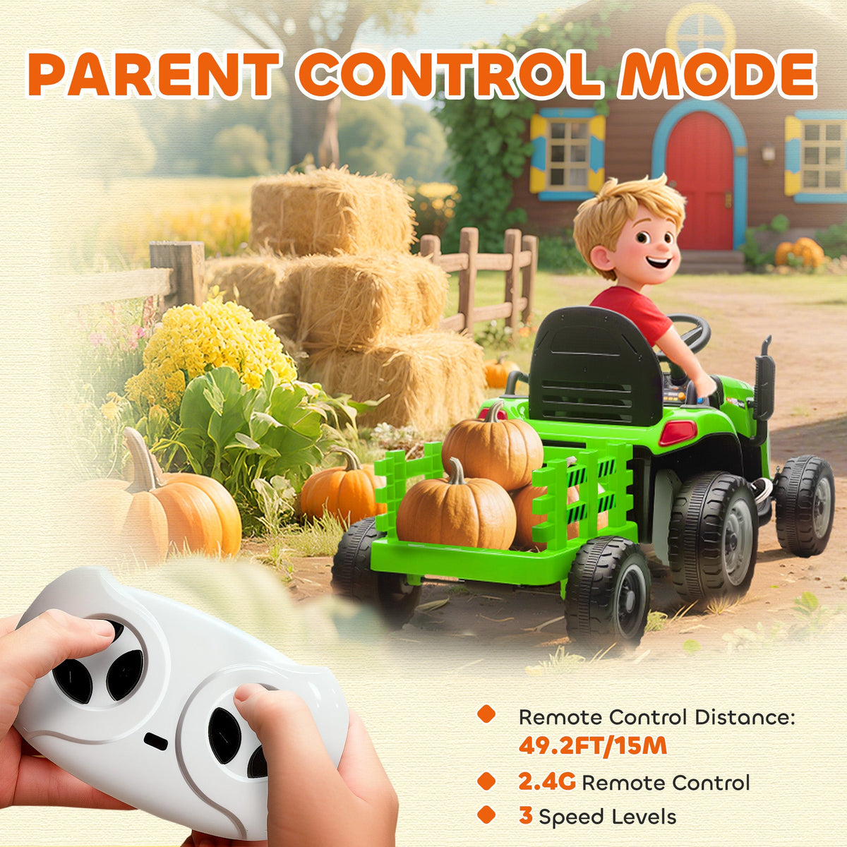 12V Kids Ride On Tractor with Trailor, Remote Control, Music, Lights, Shifter, for Kids Ages 3-8 Years, Blue