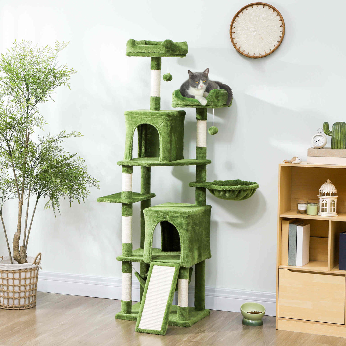 Cat Tree, 70" Multi-Level Cat Tower with 2 Condos, 2 Perches, Hammock, Toy Balls, Scratching Posts and Board, Dark Grey