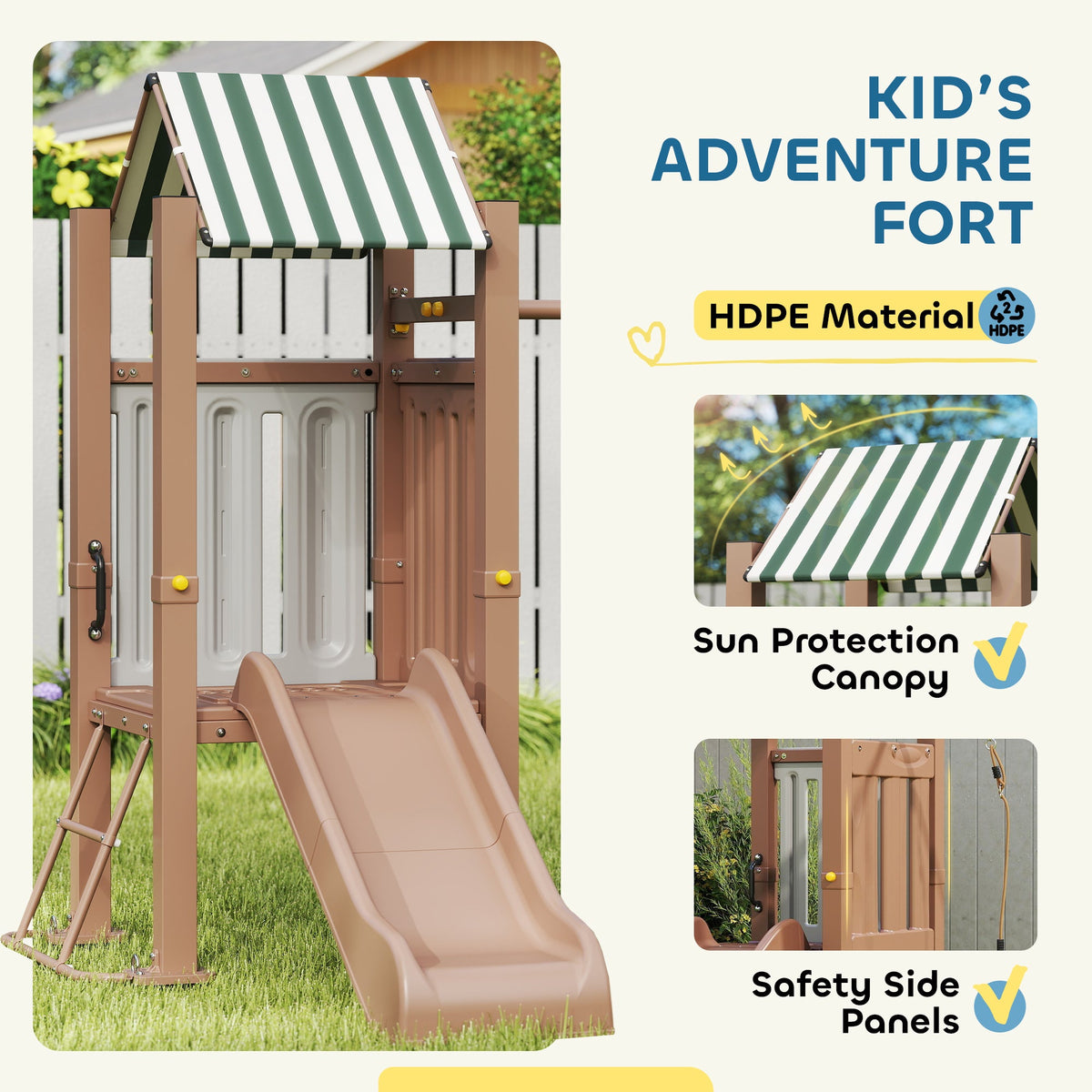 4-in-1 Kids Swing Set for Playground with Slide, Covered Fort, Climbing Ladder, Ground Stakes, for Kids Ages 3-8, Brown