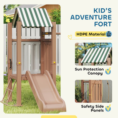 4-in-1 Kids Swing Set for Playground with Slide, Covered Fort, Climbing Ladder, Ground Stakes, for Kids Ages 3-8, Brown