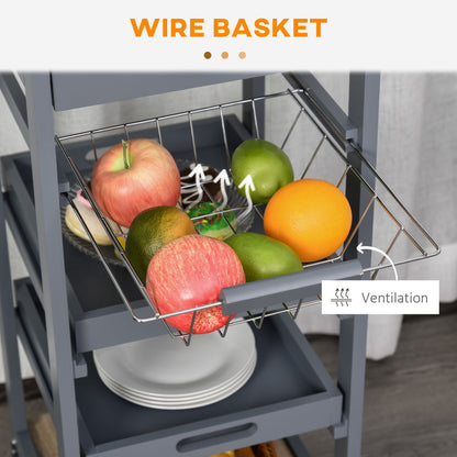 Rolling Kitchen Island Cart, Mobile Utility Storage Cart with Drawer, Wire Storage Basket, Removable Tray, Grey
