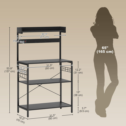 Kitchen Baker's Rack with Power Outlet, Coffee Bar Station with Adjustable Shelves and Hooks, Distressed Grey