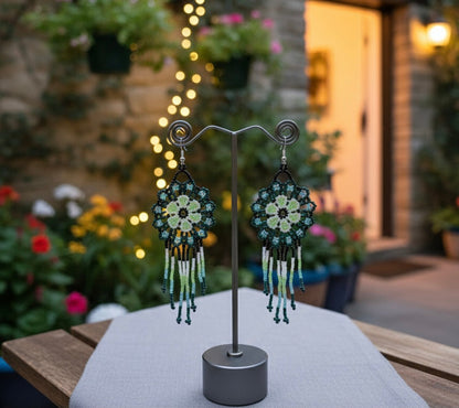 Dark Green Flower beaded Earrings