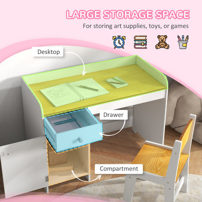 Kids Desk and Chair Set for 3-6 Year Old with Storage Drawer, Study Table and Chair for Children, White