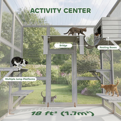 Large Outdoor Catio with Weatherproof Roof, Bridge, Resting Box, Platforms, Grey