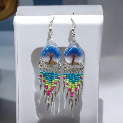 Tree of life Crushed Chip Stone Blue Earrings