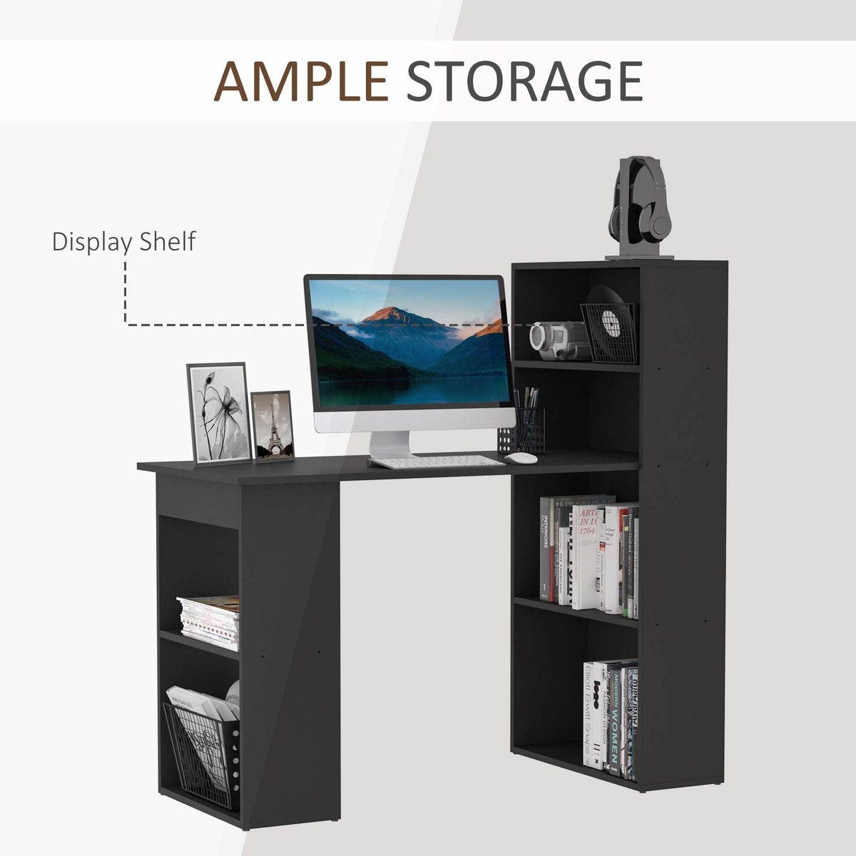 Modern Computer Desk with Storage Shelves, 47" Writing Table Workstation with Bookshelf for Home Office, Black