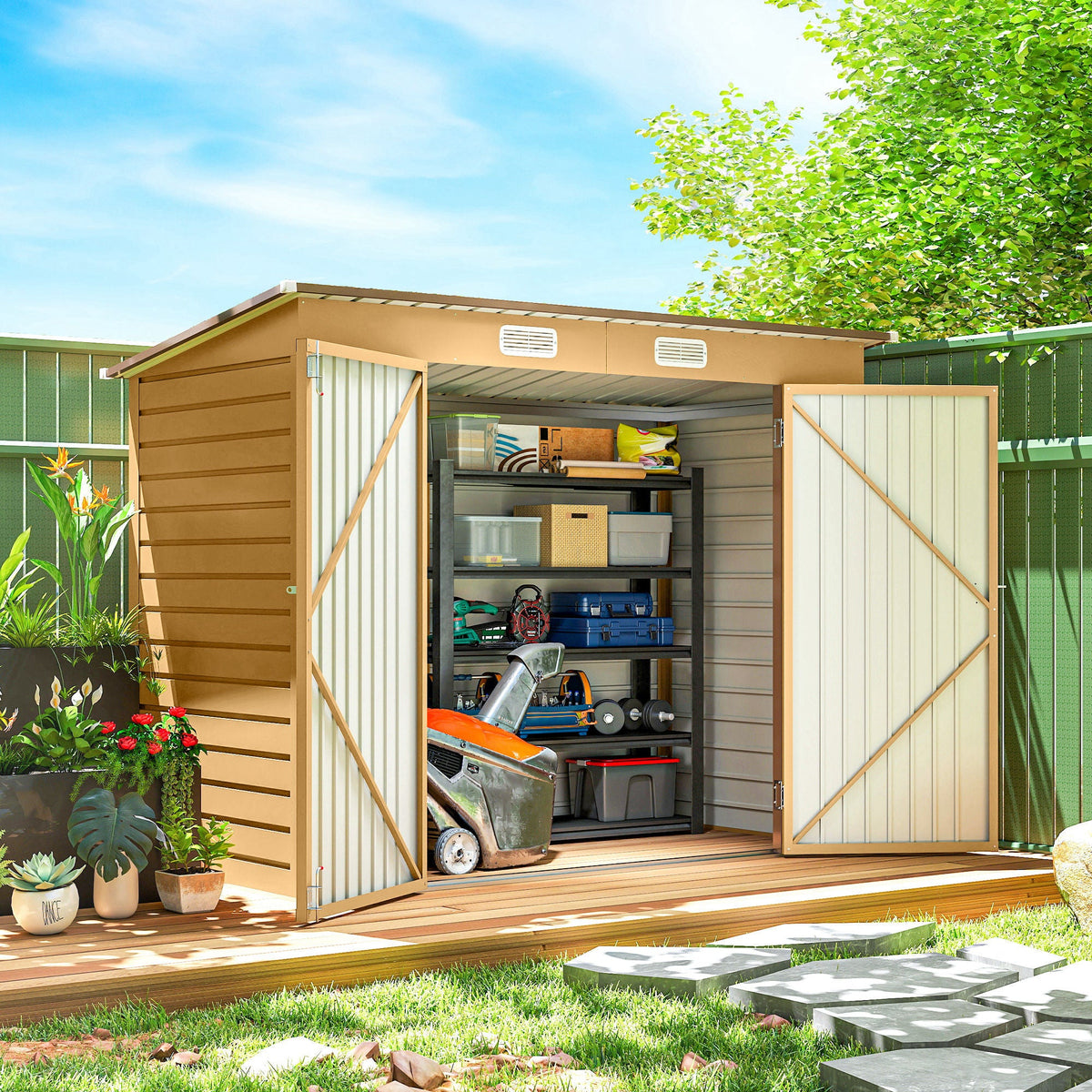 8 x 4FT Galvanized Garden Storage Shed, Metal Outdoor Shed with Double Doors and 2 Vents, Oak