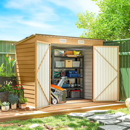 8 x 4FT Galvanized Garden Storage Shed, Metal Outdoor Shed with Double Doors and 2 Vents, Oak