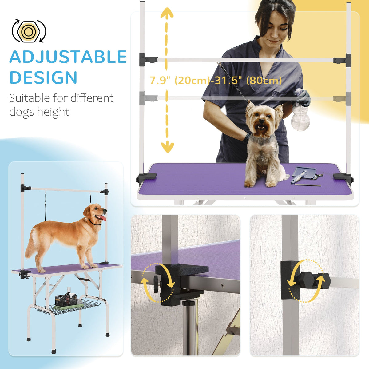 Adjustable Dog Grooming Table with 2 Safety Slings, Storage Basket, Black