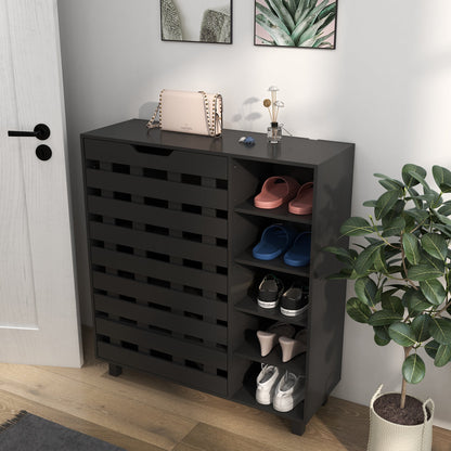Shoe Cabinet, 21 Pair Shoe Storage Cabinet Organizer with 5-tier Double Door Cupboard and 5-tier Open Shelves, Black