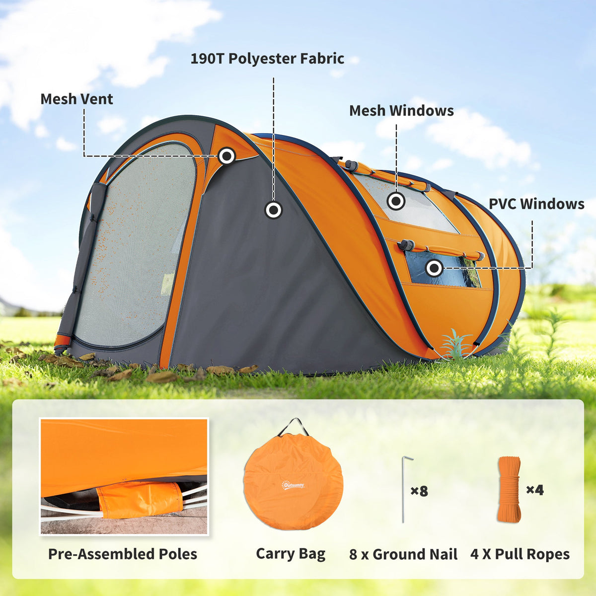 4 Person Camping Tent, Easy Pop Up Tent with Doors, Windows and Carry Bag, Automatic Setup Tent for Hiking, Blue