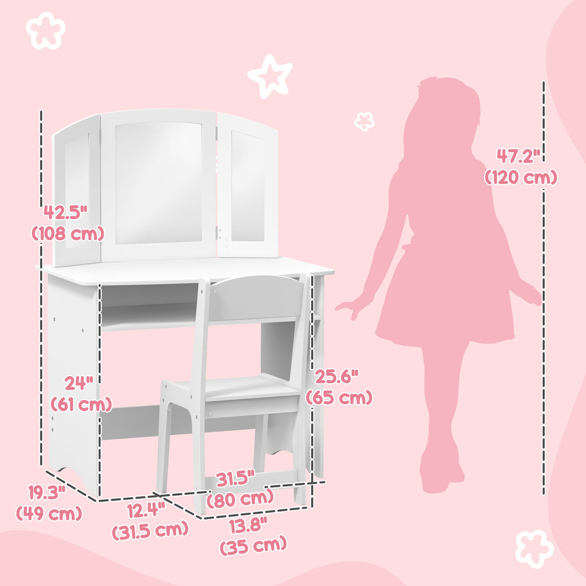 2 in 1 Kids Vanity Set Makeup Dressing Table Pretend Play Set with Tri-Folding Mirror, Stool, Storage Shelf