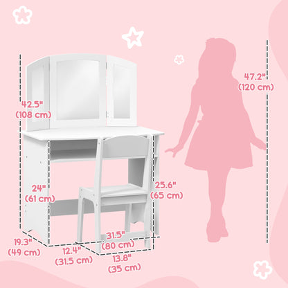 2 in 1 Kids Vanity Set Makeup Dressing Table Pretend Play Set with Tri-Folding Mirror, Stool, Storage Shelf