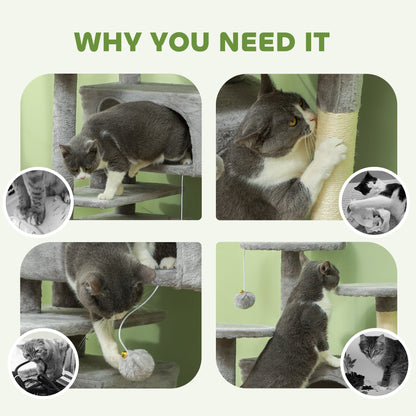 54" Cat Tree, Multi-Level Cat Tower with Scratching Posts, Cat Condos, Bed, Platforms, Ramp, Toy Ball, Beige