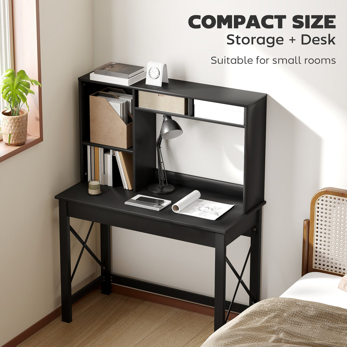 Sloan Computer Desk with Hutch and Storage Shelves-Black