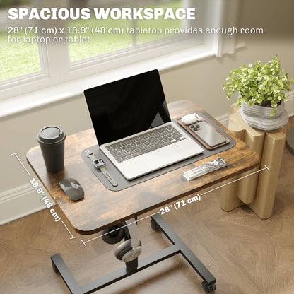 Height Adjustable Standing Desk, Pneumatic Sit Stand Desk with Wheels and Headphone Hook, Grey Wood Grain
