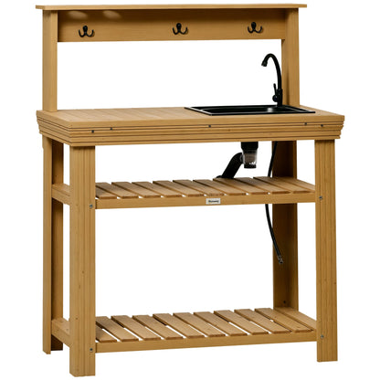 Outdoor Potting Bench Table with Faucet, Removable Sink, Hooks and Storage Shelves, Wood Work Bench Workstation, Grey