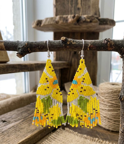 Flower Fringe Beaded Earrings (Yellow)