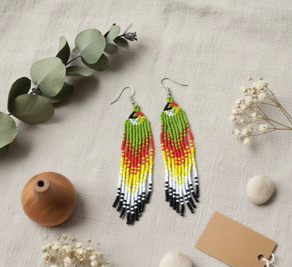 Green Firebird Spirit Beaded Earrings