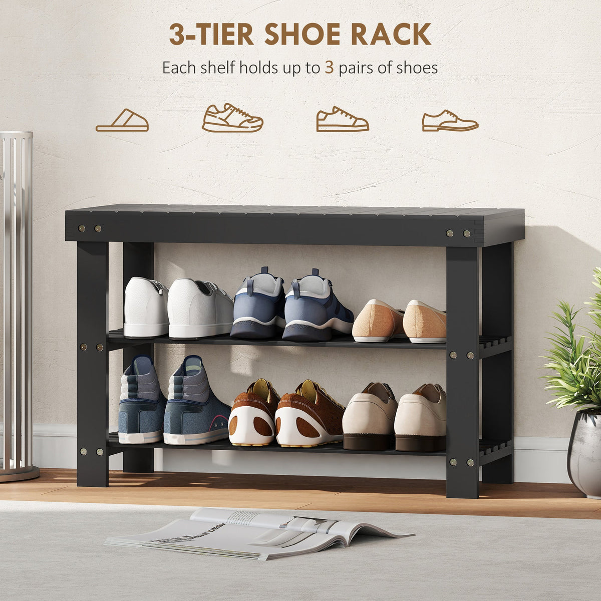 Bamboo Shoe Storage Bench, 3-Tier Entryway Bench with 2 Storage Shelves for Hallway, Holds 6 Pairs, Black