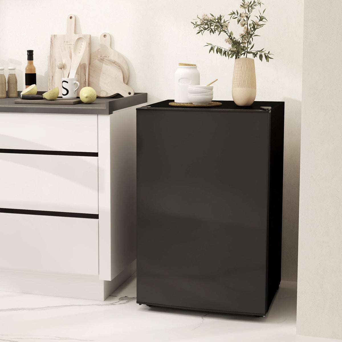 4.5 Cu Ft Mini Fridge with Freezer, Wheels, Single Door Refrigerator, Adjustable Thermostat, Reversible Door, Black