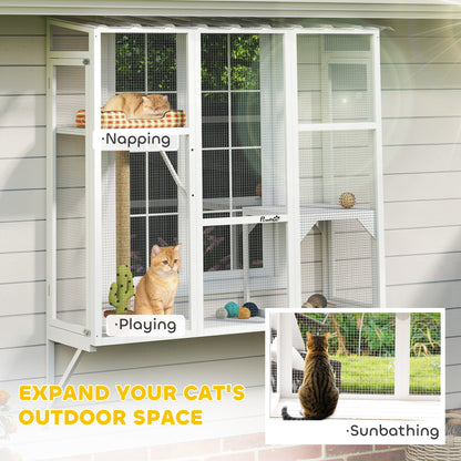 Wooden Catio Outdoor, Cat Window Box Enclosure for 2-3 Large Cats with 2 Jumping Platforms & Scratching Post, Grey
