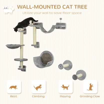 5PCs Cat Wall Shelves with Hammock, Scratching Posts, Perches, Ladder, for Indoor Cats, Light Grey