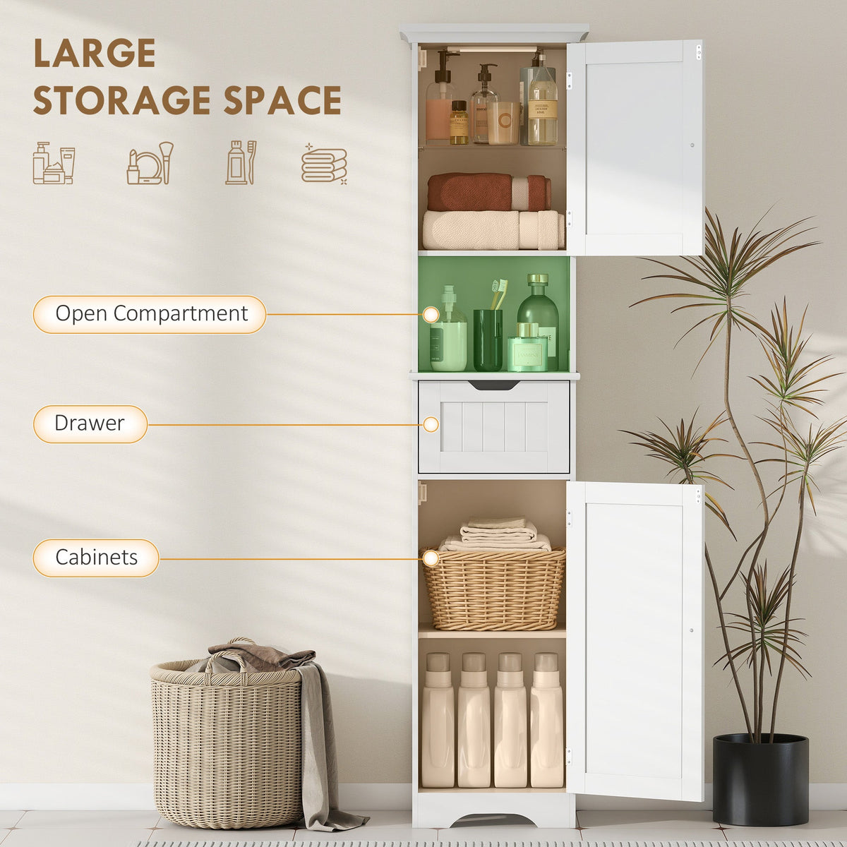 67" Tall Bathroom Storage Cabinet, Narrow Bathroom Cabinet with LED Light, Adjustable Shelf, Open Compartment, Drawer