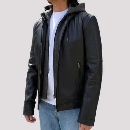 Men's Lamb Leather Hoodie Jacket with Detachable Hood