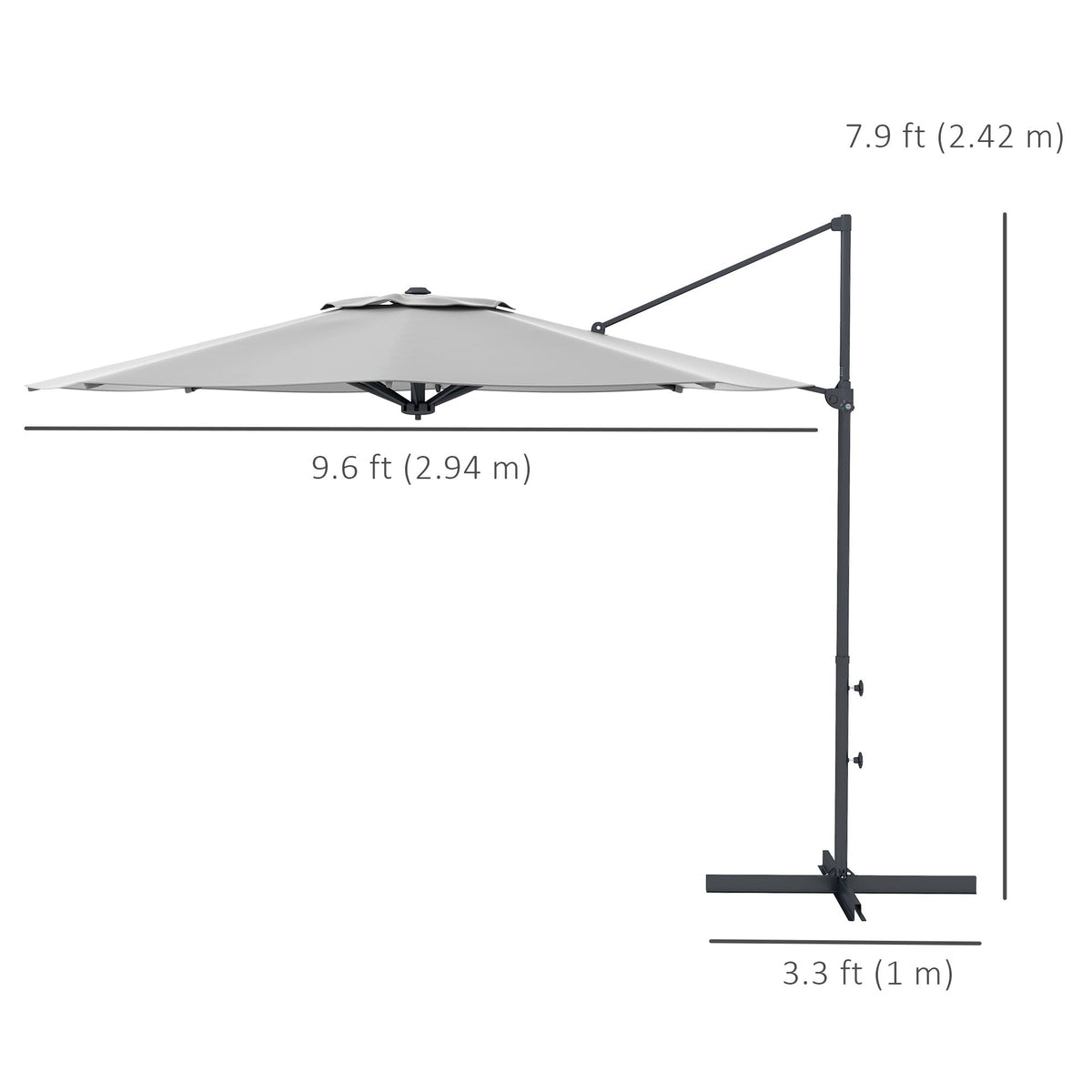 10 FT Cantilever Umbrella, Aluminum Hanging Offset Umbrella with 360°Rotation, Crank, Tilt, Cross Base, Grey