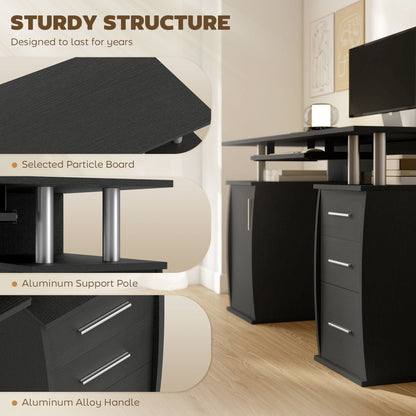 47" Computer Desk with Keyboard Tray and Storage Drawers, Home Office Workstation Table with Storage Shelves, Black